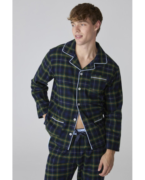 Pijama para hombre de franela con estampado de cuadros y bolsillos