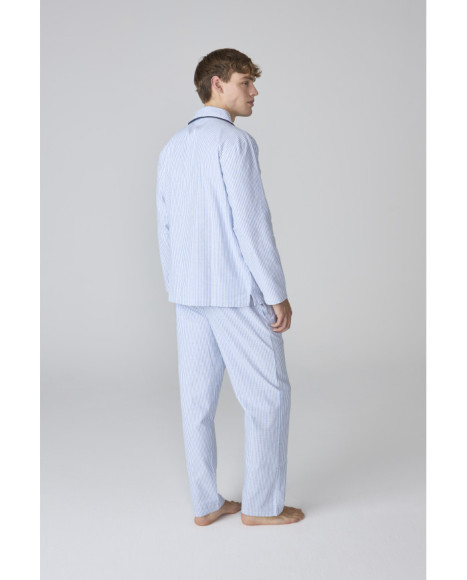 Conjunto de pijama para hombre azul a rayas con camiseta abotonada