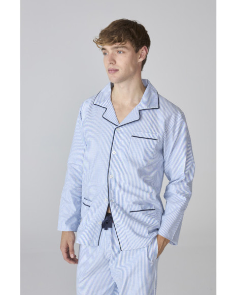 Conjunto de pijama para hombre azul a rayas con camiseta abotonada