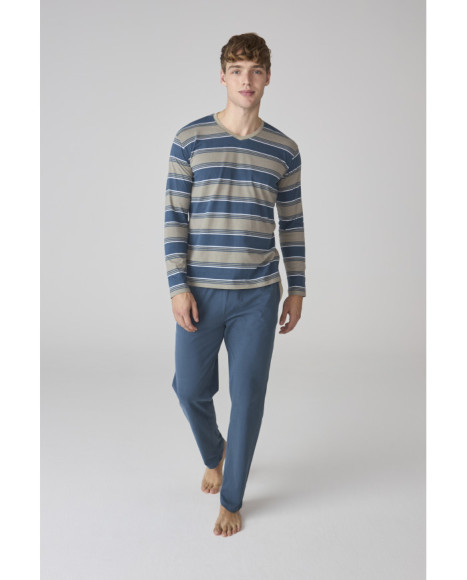 Conjunto de pijama para hombre a rayas azules con pantalón liso en tono azul