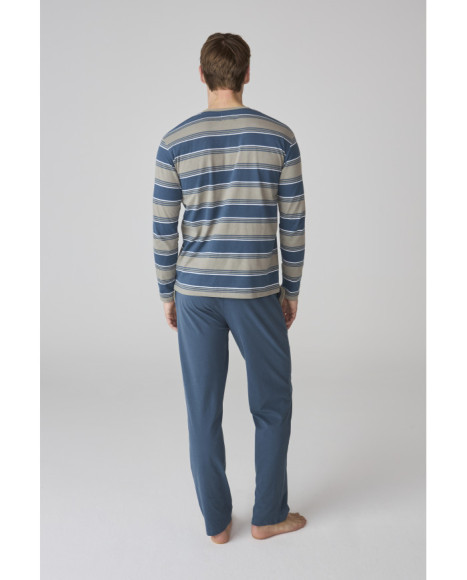 Conjunto de pijama para hombre a rayas azules con pantalón liso en tono azul