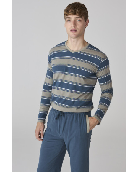 Conjunto de pijama para hombre a rayas azules con pantalón liso en tono azul
