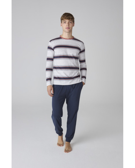 Pijama para hombre en azul marino con camiseta a rayas y pantalón liso