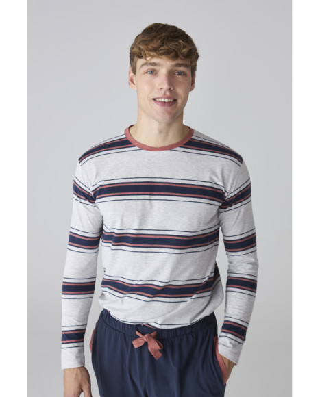 Pijama para hombre en azul marino con camiseta a rayas y pantalón liso