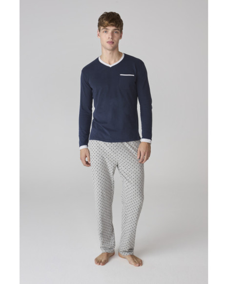 Set de pijama para hombre en azul marino con pantalón gris de lunares
