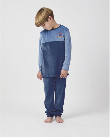 Pijama largo para niño en terciopelo bicolor azul marino y celeste