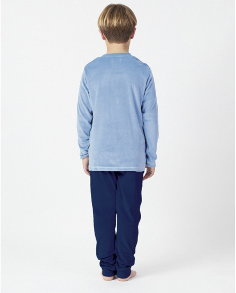 Pijama largo para niño en terciopelo bicolor azul marino y celeste Pijama largo para niño en terciopelo bicolor azul marino y celeste