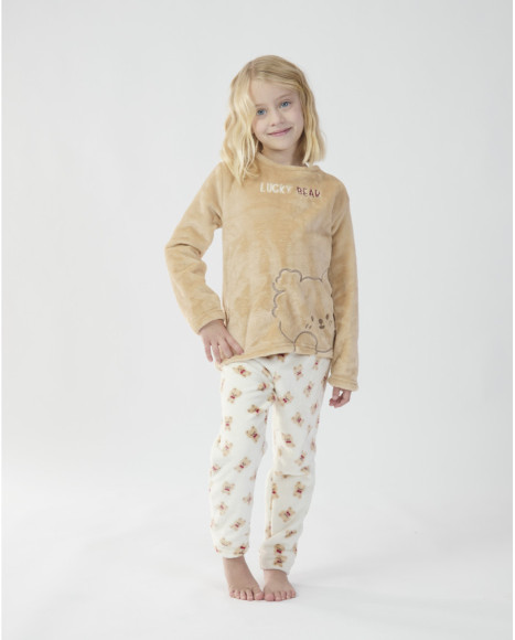 Pijama largo para niña con camiseta beige y pantalón estampado