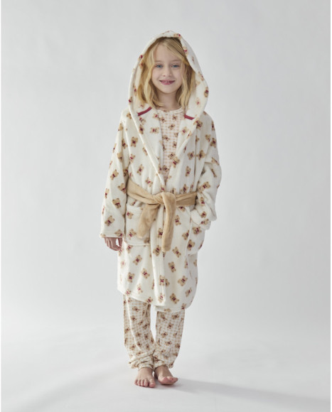Bata con capucha para niña estampada con cinturón ajustable