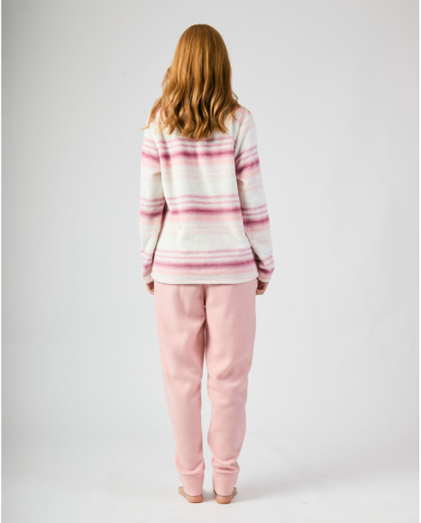 Pijama largo para mujer con camiseta de rayas rosas y pantalón liso