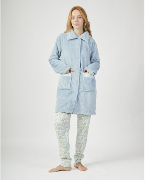 Bata de mujer larga azul con bolsillos delanteros