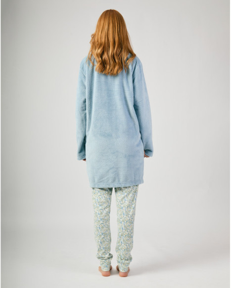 Bata de mujer larga azul con bolsillos delanteros