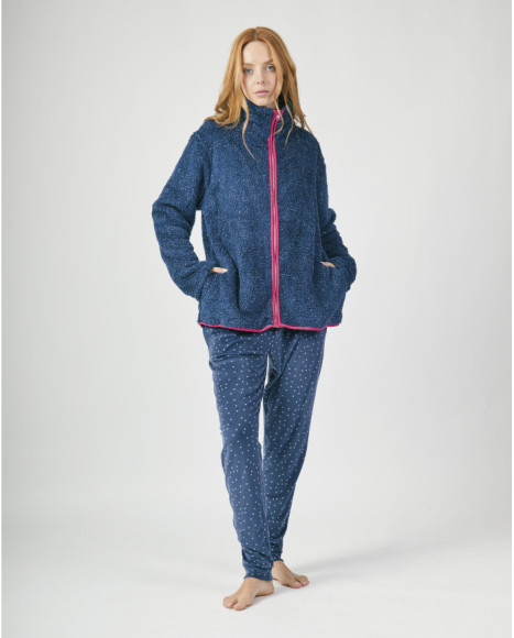 Chaqueta invierno para mujer en tejido polar azul con cremallera rosa