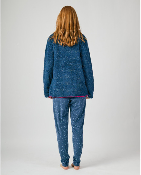 Chaqueta invierno para mujer en tejido polar azul con cremallera rosa