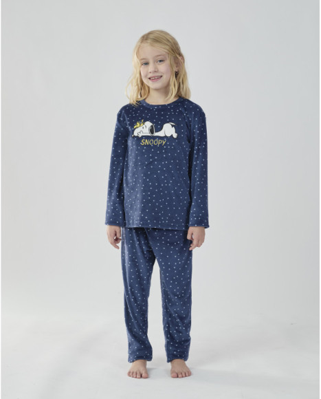 Pijama largo para niña en azul marino con estampado de Snoopy