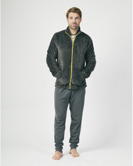 Chaqueta de estar en casa para hombre en gris con cremallera amarilla