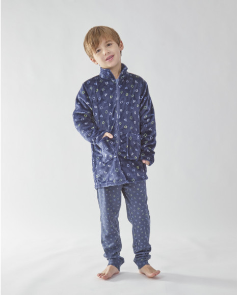 Bata de niño en azul marino con estampado geométrico y cremallera