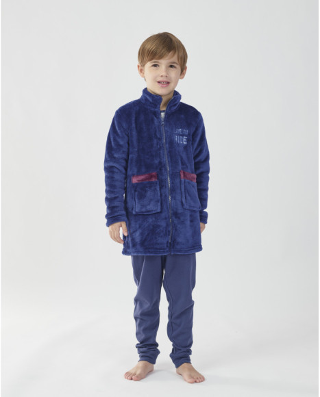 Bata de niño en azul con bolsillos de contraste y cremallera