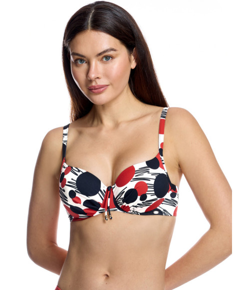 Top de bikini de mujer con aros y estampado artístico circular