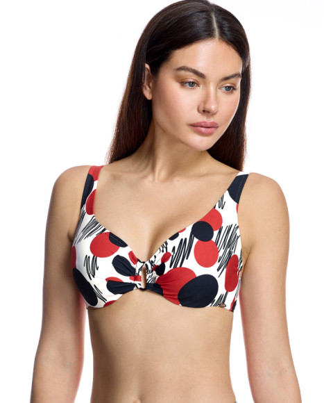 Top de bikini reductor con escote en pico y grafismo abstracto