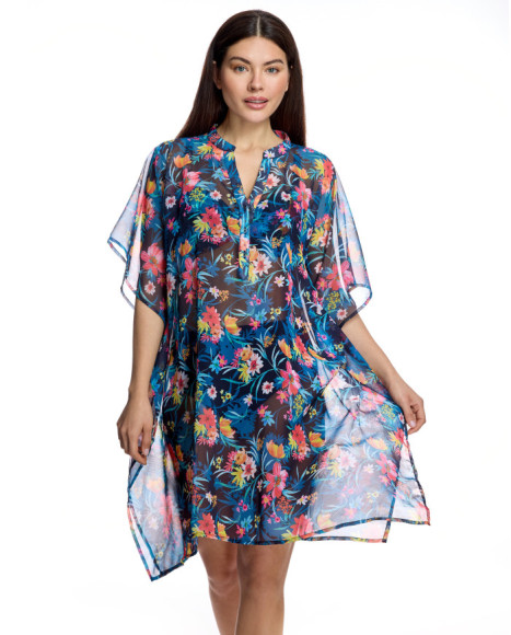 Caftán de mujer con estampado botánico y escote Henley