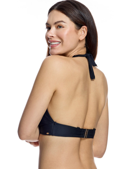 Top de bikini de mujer con escote halter y detalle de broche central