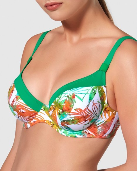 Top bikini capacidad escotado reforzado en espalda y bajo pecho Hojas tropicales