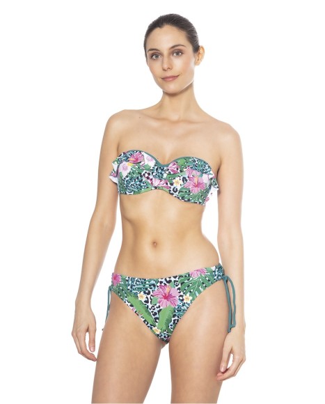 Top bikini bandeau con copa estampado con volante Animal tropical