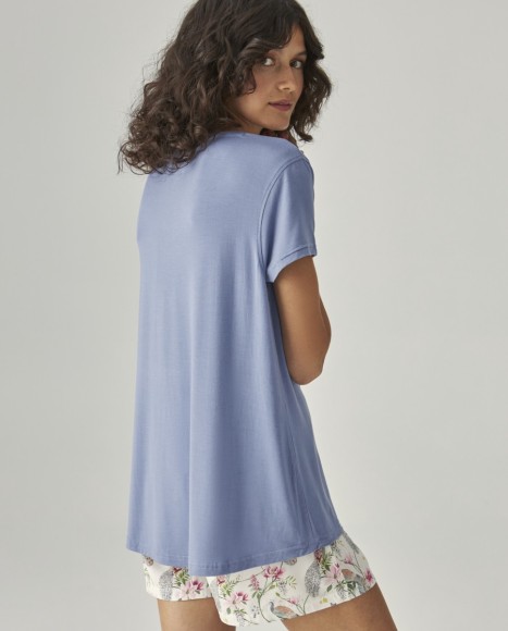 Pijama mujer combinado con escote de pico blue