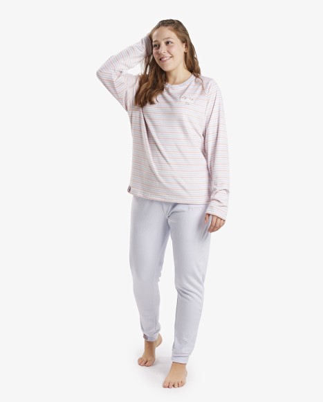 Pijama mujer terciopelo a rayas azul y rosa claro Casual