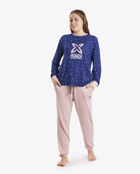 Pijama mujer combinado rosa y azul marino con estampado estrellas Fun