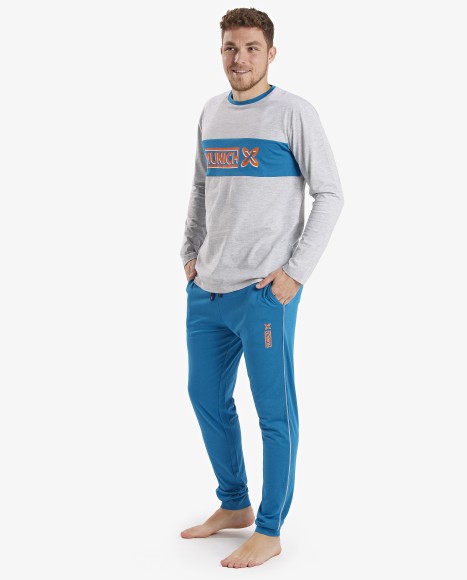 Pijama hombre combinado gris claro y azul con logotipo frontal Fun